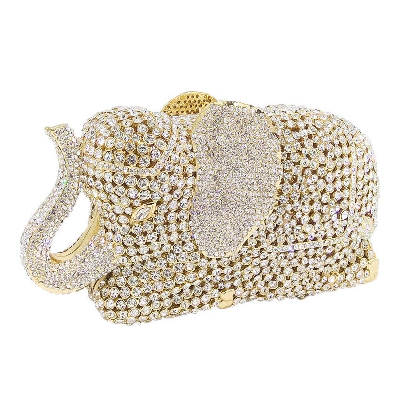Boutique De FGG Elephant Clutch Purse Women Animal Rhinestone Evening Handbags Bridal Party Prom Crystal Minaudiere Bag,Mini,Gold - Image 1